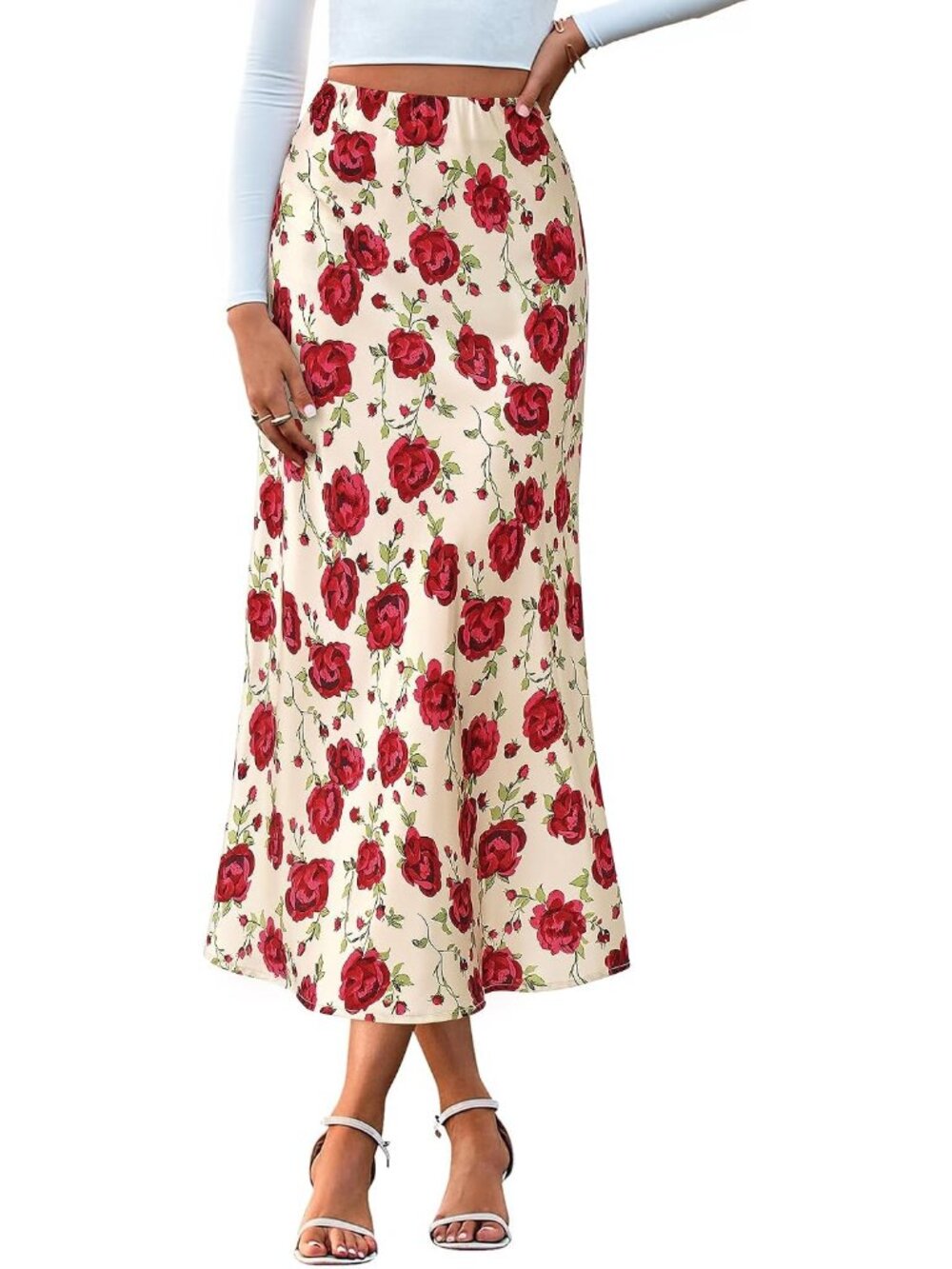 Women Floral Red High Waisted A-Line Silky Flowy Bias Cut Satin Midi Skirt